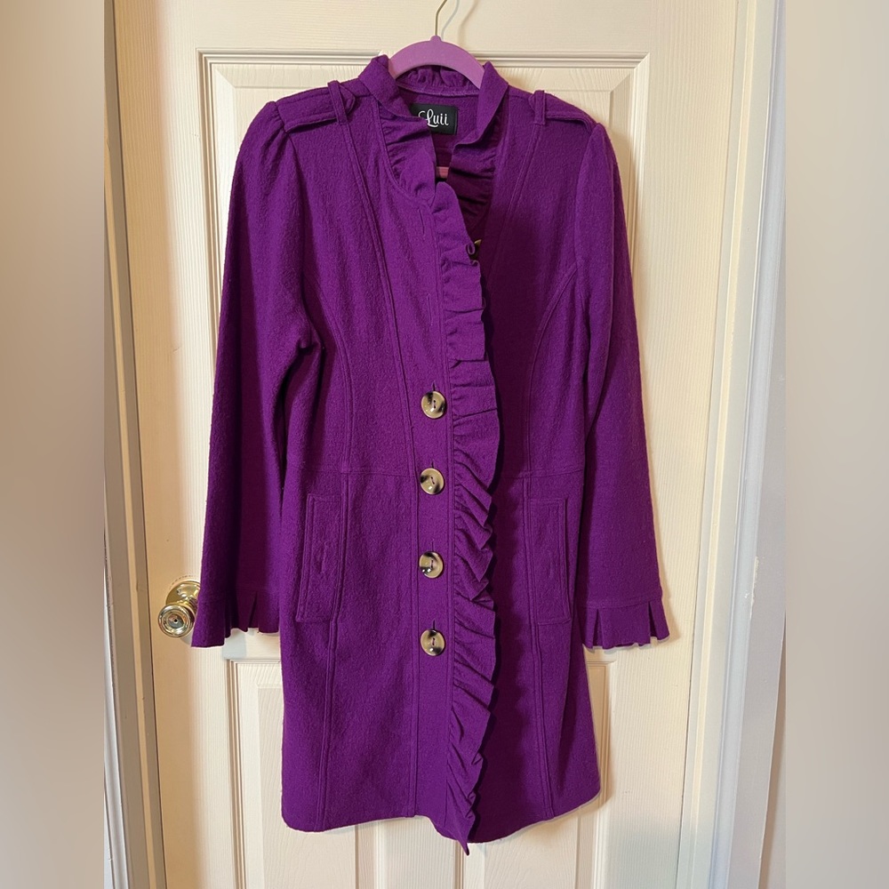 Anthropologie Luii Purple Ruffle Trim Lightweight Wool Jacket - Size Medium